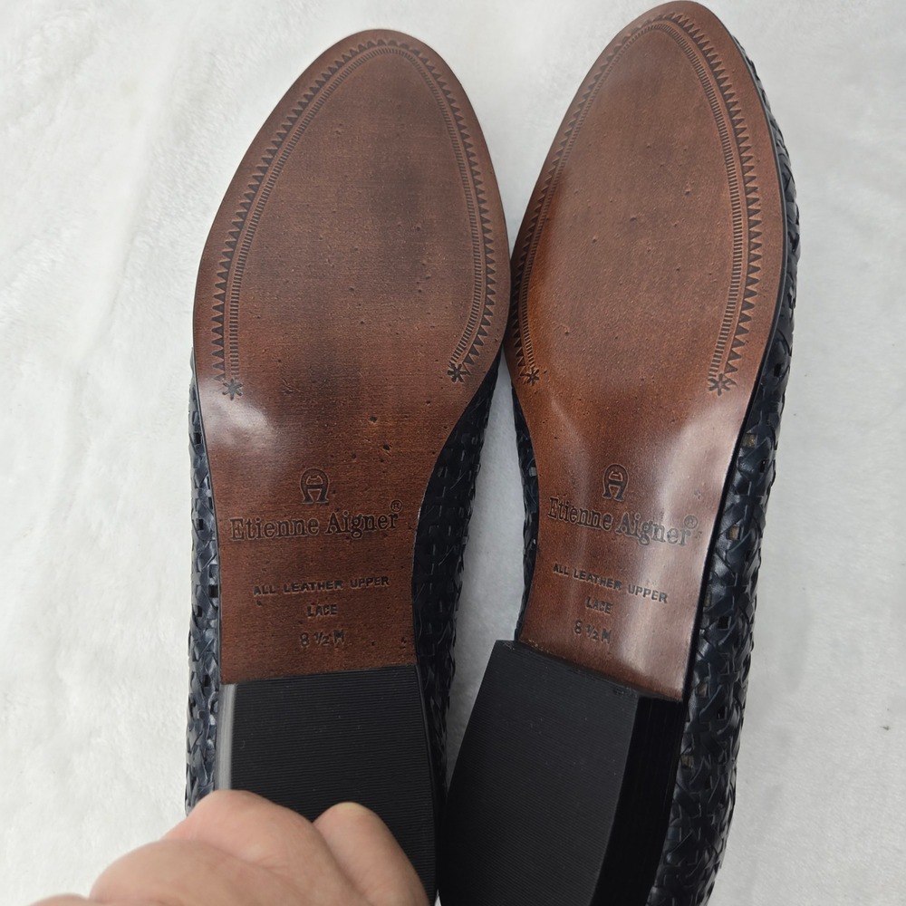 Etienne Aigner Black Woven Leather Lace Flats Almond Toe Shoes Women's 8.5M - Picture 8 of 11